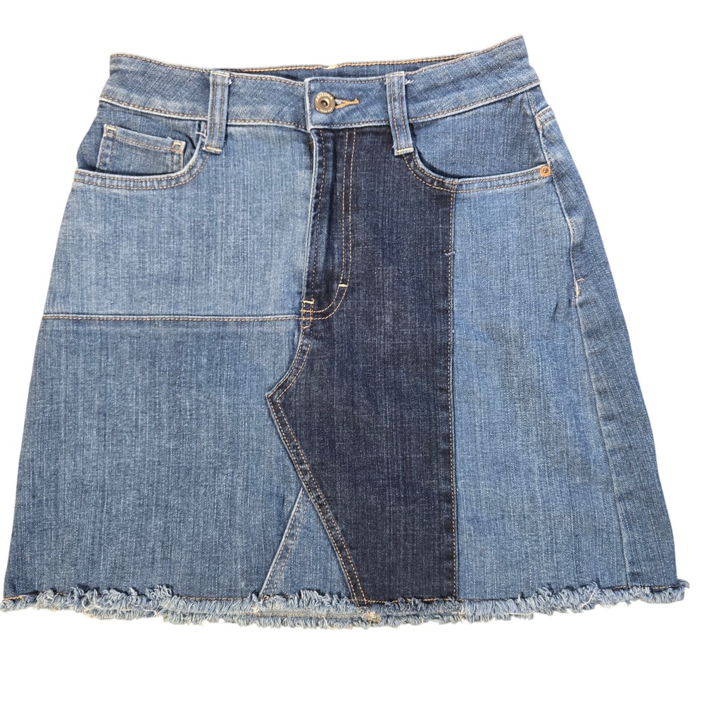 Arizona Jean Co‎ Womens Patchwork Denim Mini Skirt Blue Color Block Raw Hem Sz 5